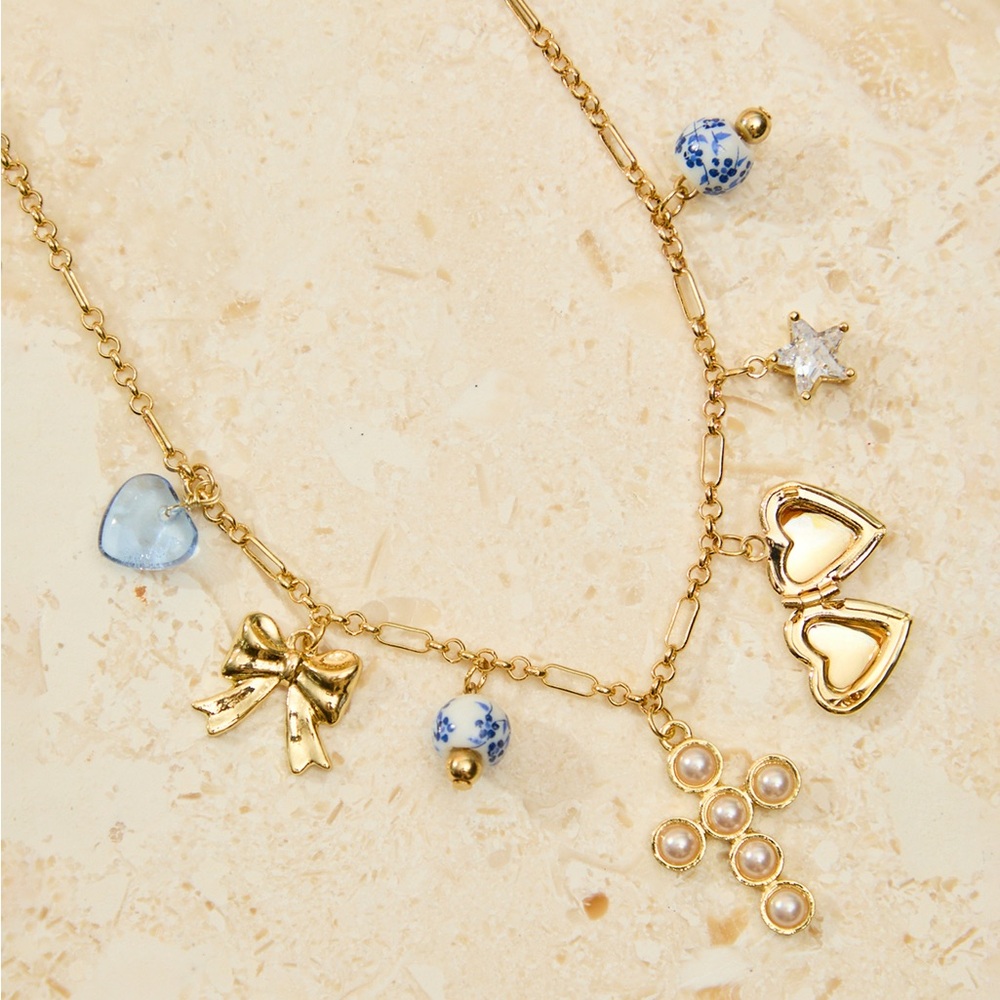 Altar'd State Gold Necklace with Blue and Pearl Charms